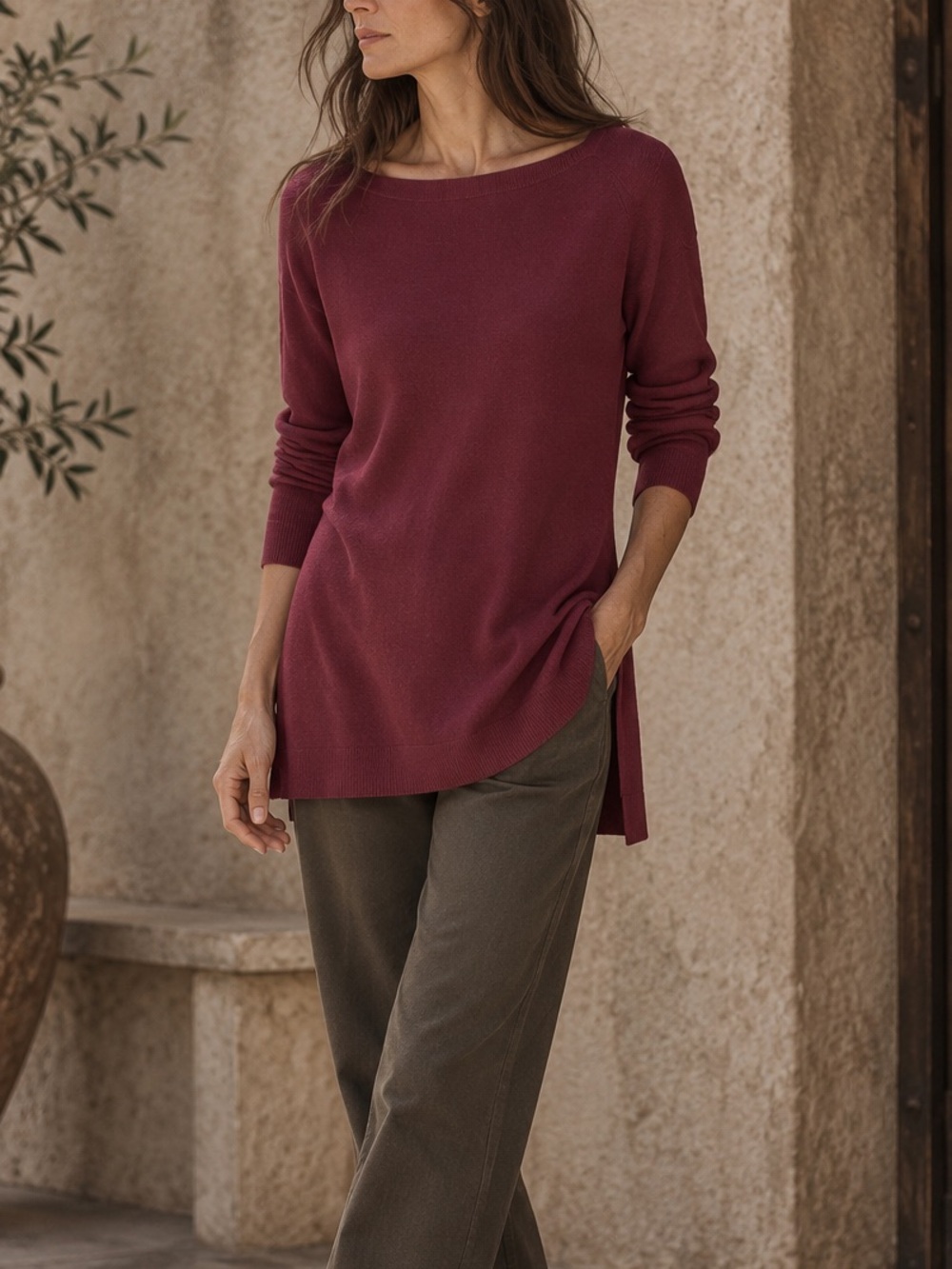 Peruvian connection maroon Pima cotton blend tunic sweater